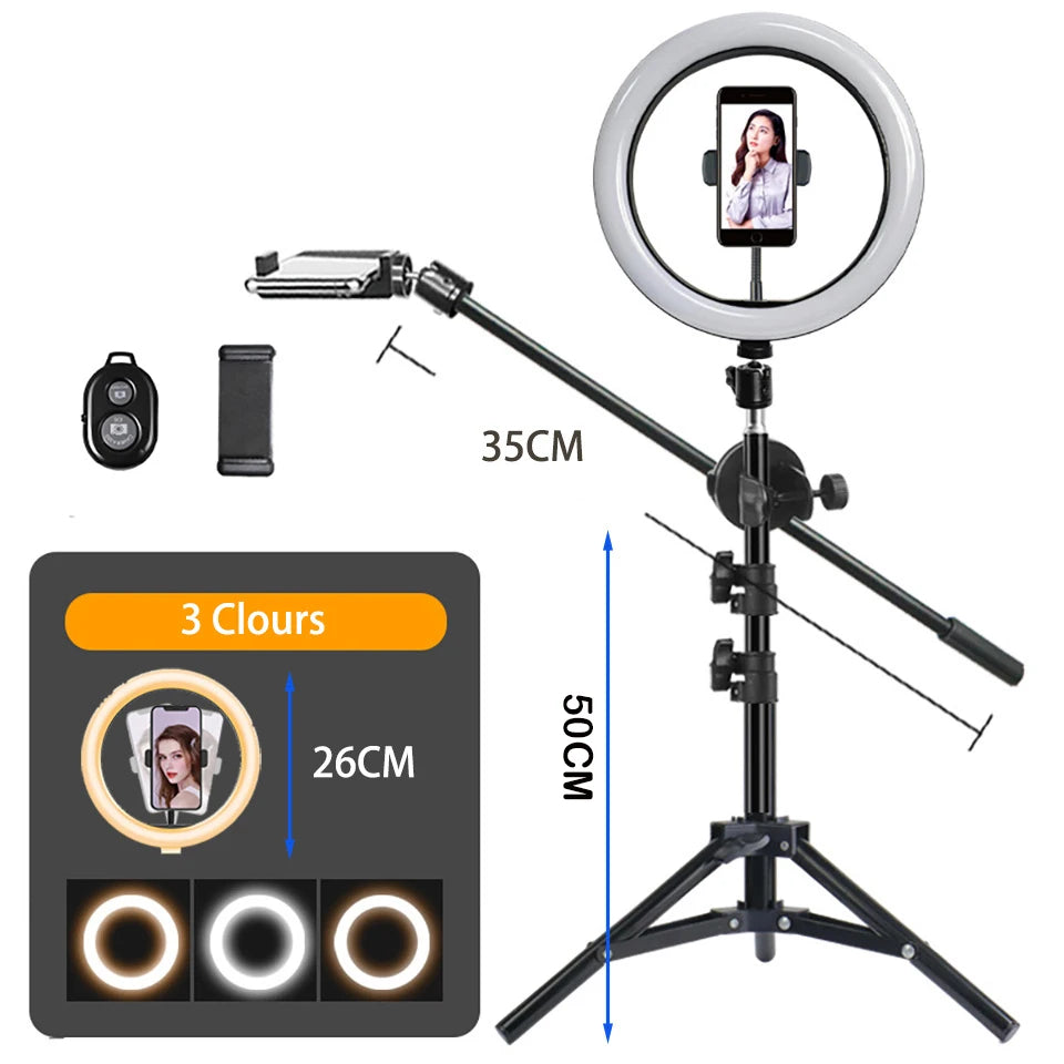 26CM Selfie LED Ring Light With Adjustable Desk Phone Shooting Bracket Stand Photography ringlight Tripod Stand Boom Arm Youtube
