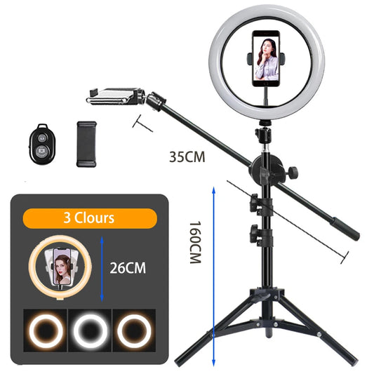 26CM Selfie LED Ring Light With Adjustable Desk Phone Shooting Bracket Stand Photography ringlight Tripod Stand Boom Arm Youtube